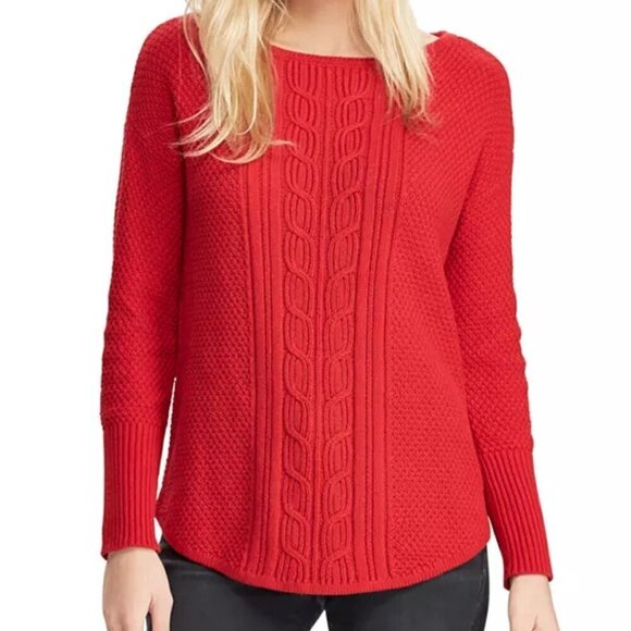Chaps Size M Red Textured Cable-Knit Sweater, Long Sleeve, Curved Hem, EUC - Picture 1 of 13